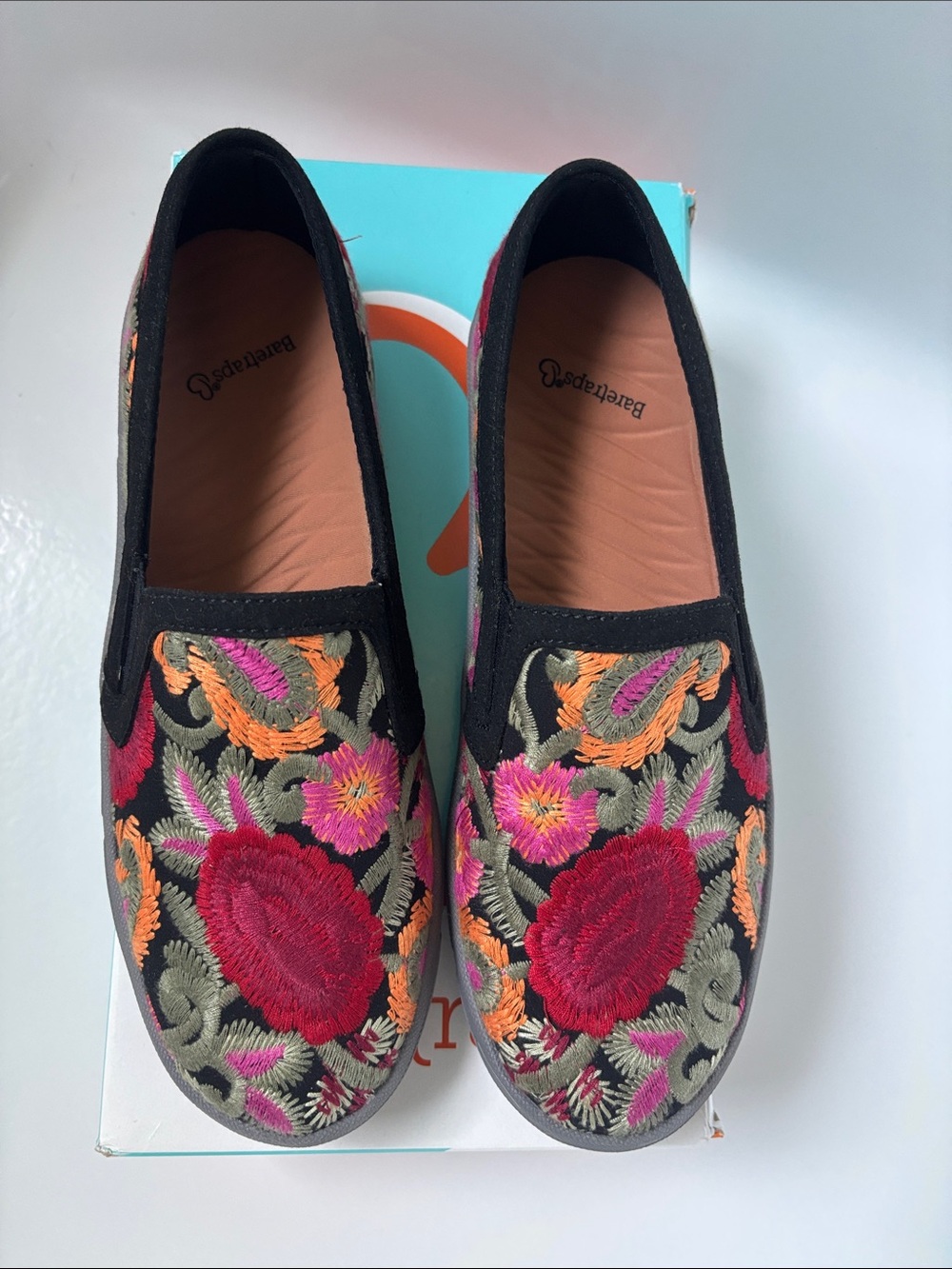 BareTraps Black Slip-On Flats with Red, Pink & Orange Floral Embroidery